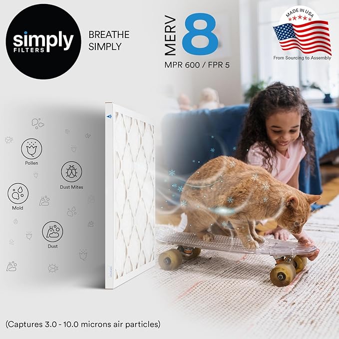 Simply 25x25x1 Air Filter, Merv 8, 6 Pack, For Home AC Furnace & HVAC (Actual Size: 24.75"x24.75"x0.75") DUST, Pet, & Allergy Control