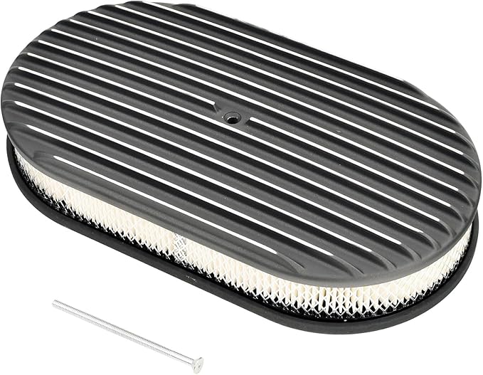 15" Black Aluminum Valve Covers Air Cleaner Kit Oval Full Polished Finned Compatible with Classic Chevy Ford