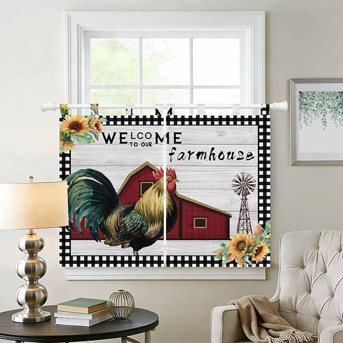 Farmhouse Rooster Kitchen Curtains 45 Inch Length, Short Cafe Window Curtains Tab Top, Rustic Red Barn Windmill Sunflowers Light Filtering Window Treatments Tier Drapes 27.5"x45" 2 Panel
