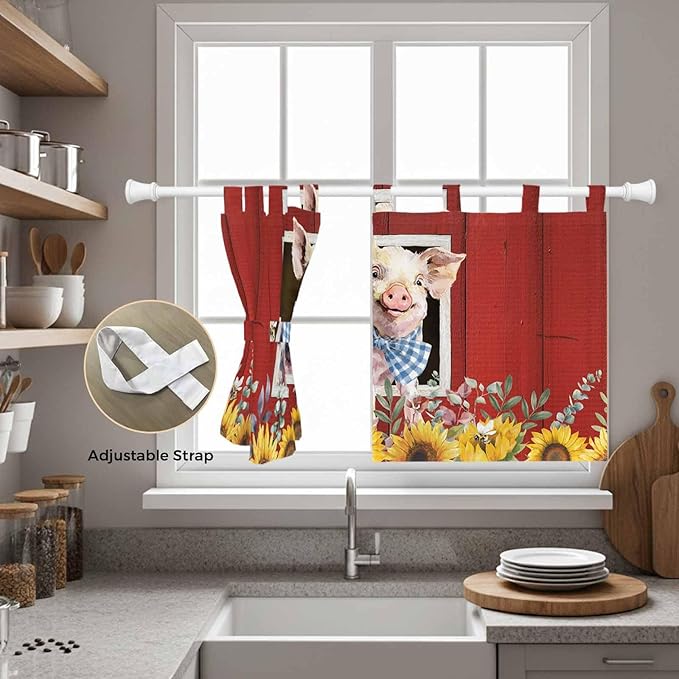 Pig Sunflowers Kitchen Curtains 24 Inch Length, Small Window Curtains Tab Top, Eucalyptus Leaves Floral Bees Red Barn Light Filtering Short Window Treatments Tier Drapes 27.5"x24" 2 Panel