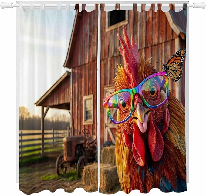 Farm Rooster Living Room Curtains 84 Inch Length, Window Curtains Tab Top, Farmhouse Barn Funny Animals Butterfly Light Filtering Window Treatments Drapes 52"x84" 2 Panel