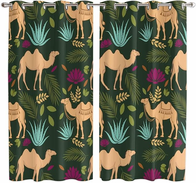 2 Panel Kitchen Cafe Curtains, Retro Desert Camel Sunlight Filtering Nature Air Through, Window Decor Tier Curtains for Living Room 80W x 63L inch Tropical Animal Aloe Vera Leaves Dark Green