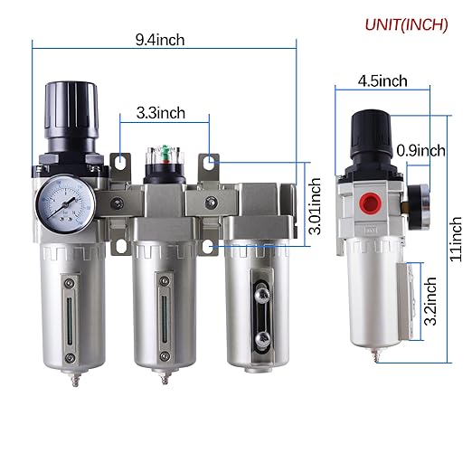 1/2 Inch NPT Industrial Grade Three Stage Air Drying System, Particulate Filter, Coalescing Filter, Desiccant Dryer and Air Regulator, 0-240 PSI, Semi-Auto Drain
