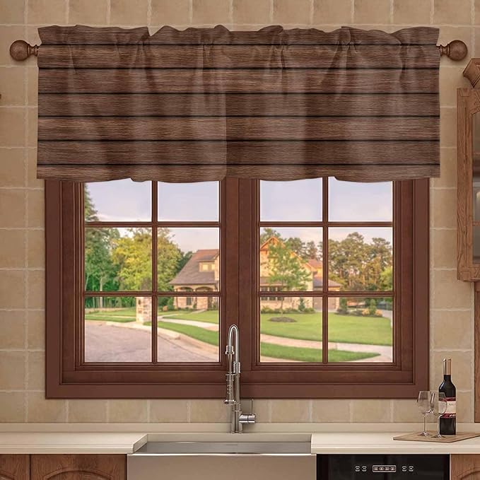 2 Pack Kitchen Valance for Windows, Farm Brown Wood Board Light Filtering Rod Pocket Valances Short Curtain, Vintage Farmhouses Barn Window Curtain for Bedroom Bathroom Living Room 54x18in