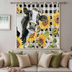 Retro Sunflowers Living Room Curtains 84 Inch Length, Window Curtains Tab Top, Farmhouse Floral Cow Butterfly Black Plaid Light Filtering Window Treatments Drapes 42"x84" 2 Panel