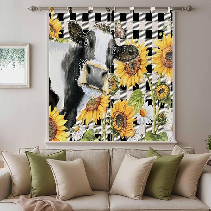 Retro Sunflowers Bedroom Curtains 72 Inch Length, Window Curtains Tab Top, Farmhouse Floral Cow Butterfly Black Plaid Light Filtering Window Treatments Drapes 52"x72" 2 Panel