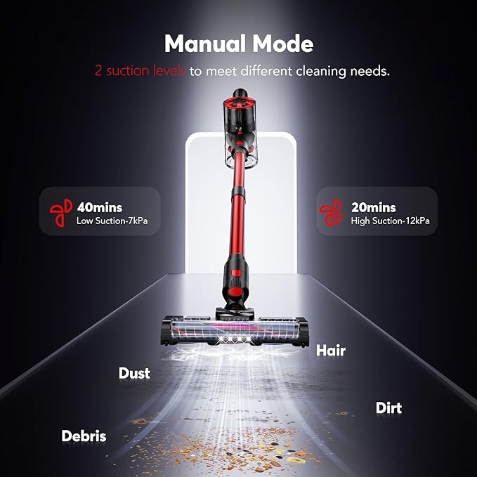 Cordless Vacuum Cleaner for Home, 80,000PRM Powerful 4 in 1 Lightweight Stick Vacuum with 2 Adjustable Suctions, Max 40 Mins Runtime, 2600mAh Rechargeable Vacuum Cleaners (Afterglow Red)