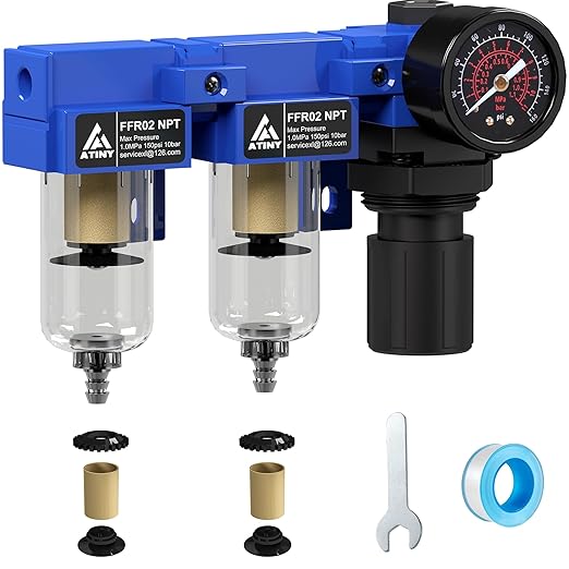 1/4" NPT Compressed air Dryer,Air Pressure Regulator Filter Combo,Air Compressor Filter Dryer,5 and 5 Micron Filter Cartridge,Semi-Auto Drain, Metal Bracket-Blue