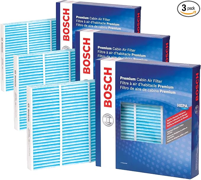 BOSCH 6017C HEPA Cabin Air Filter-Compatible with Select Chrysler Town & Country; Dodge Grand Caravan; Infiniti EX, FX, G, M, Q, QX; Nissan Armada, GT-R, Titan; Ram C/V; Volkswagen Routan (Pack of 3)