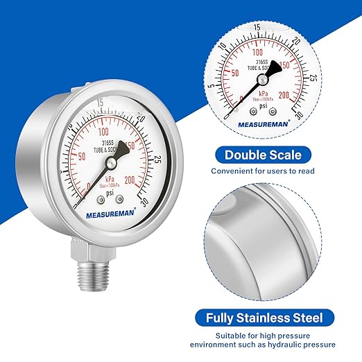 MEASUREMAN Fully Stainless Steel Hydraulic Glycerin Filled Pressure Gauge, 2-1/2" Dial Size,0-30psi/kpa,1/4" NPT Lower Mount
