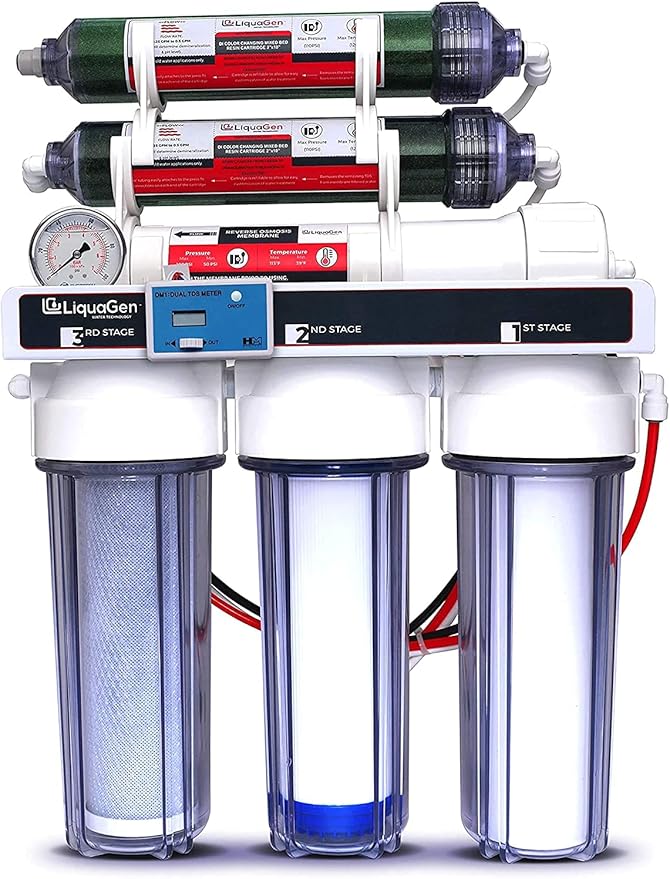 LiquaGen - 6 Stage Reverse Osmosis + Deionization (RO/DI) Water Filter System w/Glycerin Filled Pressure Gauge - 100 GPD | Under Sink Water Filter Machine for Aquarium Water Purification