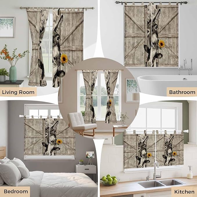Funny Farm Animals Kitchen Curtains 45 Inch Length, Short Cafe Window Curtains Tab Top, Vintage Barn Brown Sunflowers Light Filtering Window Treatments Tier Drapes 27.5"x45" 2 Panel