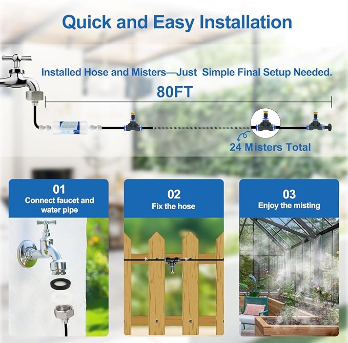 Pre-Assembled Misters for Outside Patio,80FT|24M.Outdoor Misting Cooling System w Filter, Backyard Mist Kit for Garden,Greenhouse,Deck,Umbrella,Canopy,Pool,Porch,Trampoline,ParkBBQ Party