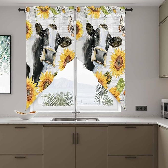 Retro Farmhouse Floral Swag Valances for Windows, Yellow Sunflowers Cows Butterfly Wood Rod Pocket Kitchen Curtains Valance, Kitchen Window Curtains Swag for Cafe Living Room, 2 Panels, 36x63 inch