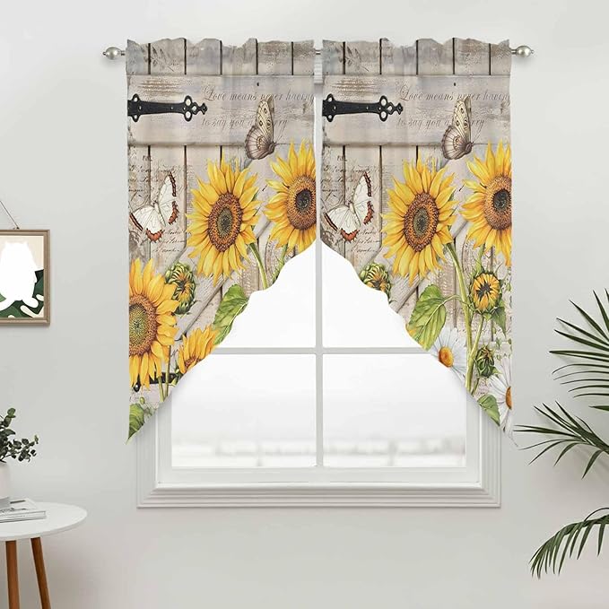 Farm Flowers Swag Valances for Windows, Retro Sunflowers Barn Doors Butterfly Wood Board Rod Pocket Kitchen Curtains Valance, Kitchen Window Curtains Swag for Cafe Living Room, 2 Panels, 36x63 inch