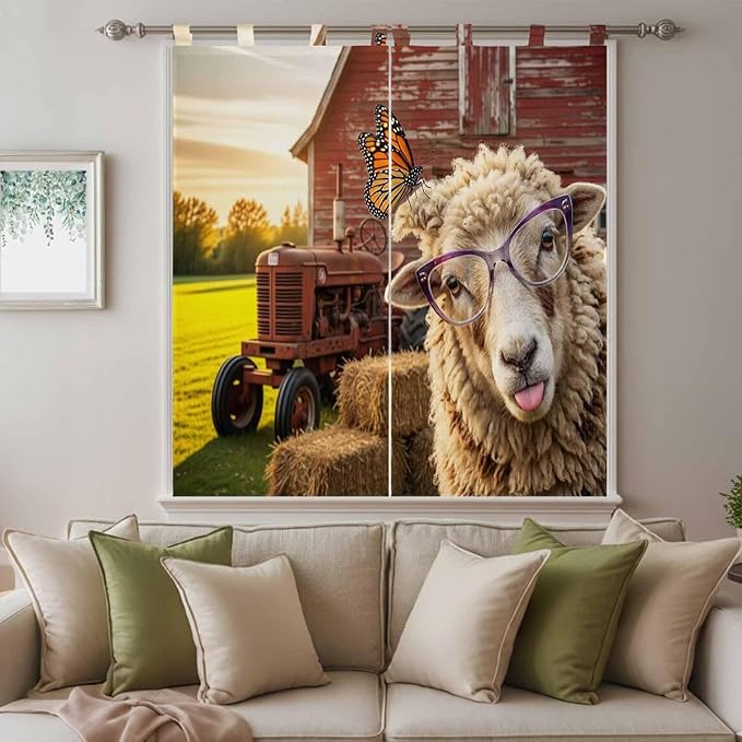 Farm Sheep Bathroom Curtains 63 Inch Length, Window Curtains Tab Top, Farmhouse Barn Funny Animals Butterfly Light Filtering Window Treatments Drapes 52"x63" 2 Panel