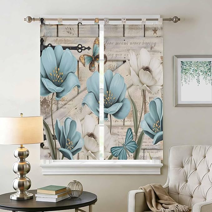 Teal Blue Tulips Living Room Curtains 84 Inch Length, Window Curtains Tab Top, Spring Floral Barn Doors Vintage Wood Beige Light Filtering Window Treatments Drapes 42"x84" 2 Panel