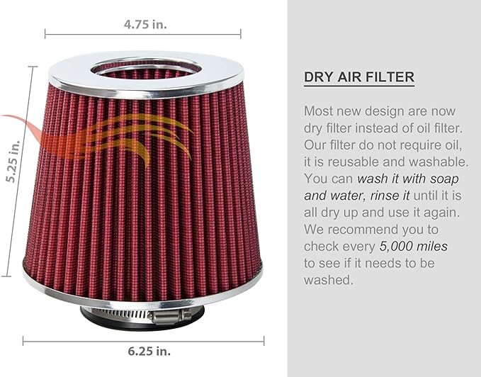 RED 4 inch 102 mm Inlet Truck Air Cone Replacement Performance Washable Clamp-On Dry Air Filter (8" Tall)