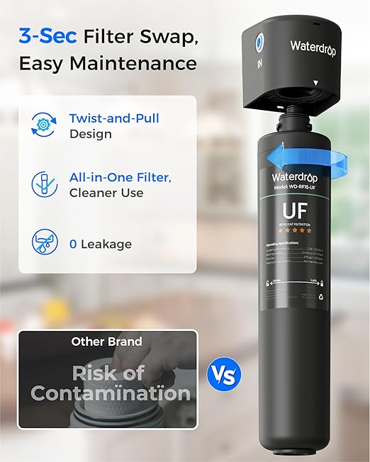 Waterdrop 15UB-UF 0.01 μm Ultra Filtration Under Sink Water Filter System, Reduces Lead, Chlorine, Bad Taste & Odor, 2 Years, with Dedicated Brushed Nickel Faucet, USA Tech