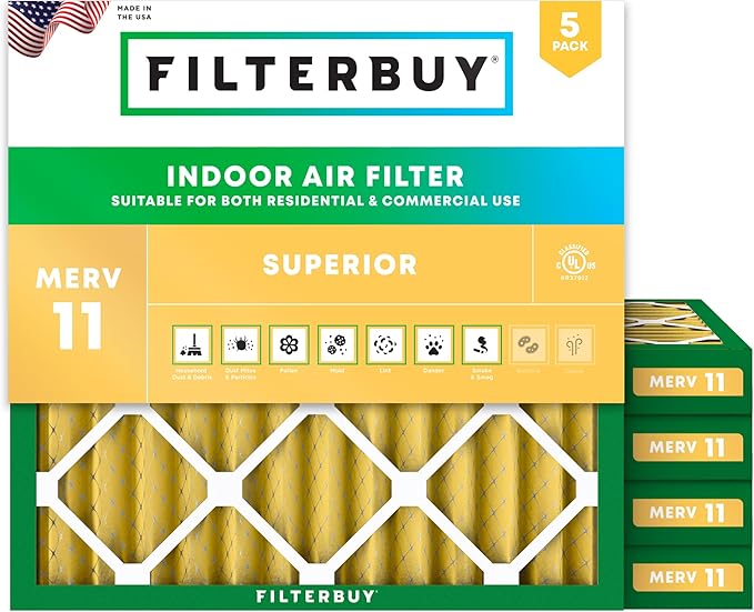 Filterbuy 10x10x2 Air Filter MERV 11 Superior Pet & Allergy Defense (5-Pack), Electrostatic Pleated HVAC AC Furnace Filters Replacement, Made in USA (Actual Size: 9.50 x 9.50 x 1.75)