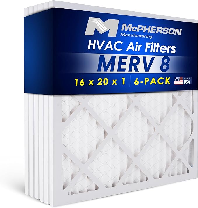 16x20x1 Air Filters, MERV 8 Pleated HVAC AC Furnace Filter Replacement, For Home and Commercial Use, Dust, Pet, & Lint, Made In USA, Easy Install (6 Pack)