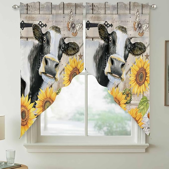 Yellow Sunflowers Swag Valances for Windows, Farmhouse Cow Barn Doors Floral Butterfly Rod Pocket Kitchen Curtains Valance, Kitchen Window Curtains Swag for Cafe Living Room, 2 Panels, 36x63 inch