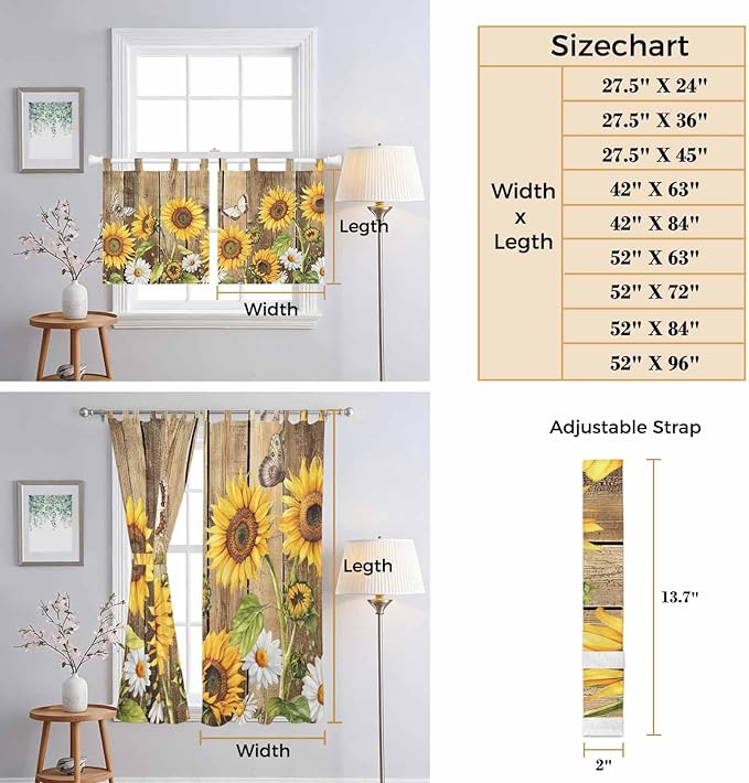 Farmhouse Sunflowers Kitchen Curtains 24 Inch Length, Small Window Curtains Tab Top, Rustic Floral Buttterfly Wood Board Brown Light Filtering Short Window Treatments Tier Drapes 27.5"x24" 2 Panel