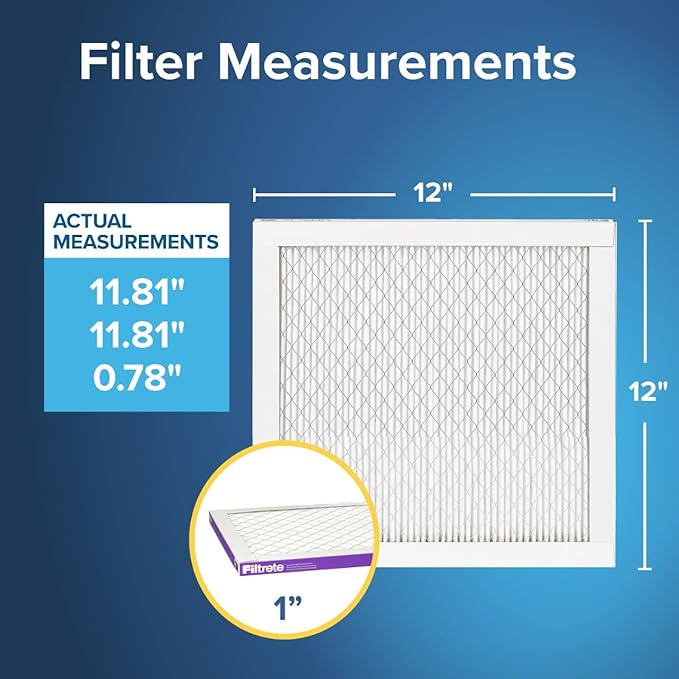 Filtrete 12x12x1 AC Furnace Air Filter, MERV 12, MPR 1500, CERTIFIED asthma & allergy friendly, 3 Month Pleated 1-Inch Electrostatic Air Cleaning Filter, 6-Pack (Actual Size 11.81x11.81x0.78 in)