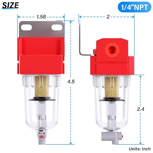TAILONZ PNEUMATIC 1/4 inch NPT 150 PSI Air Line Filter with 5 Micron Filter Element, Polyethylene Bowl (Manual Drainage）
