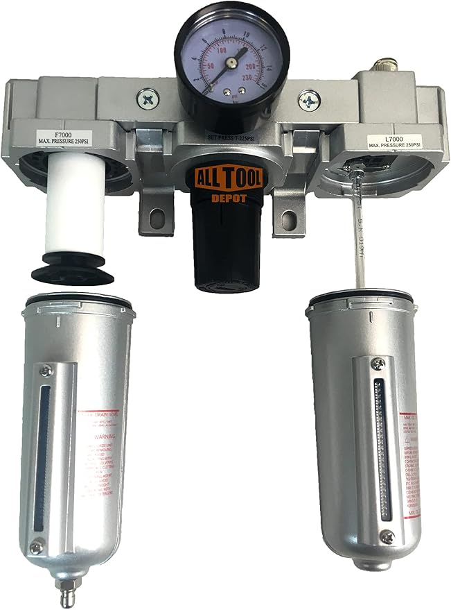 3/4" NPT HEAVY DUTY Compressed Air In Line Filter Regulator Lubricator Oiler Combo, Metal Bowl, 5 Micron Element, Adjustable From 7 to 215 PSI (MANUAL DRAIN)