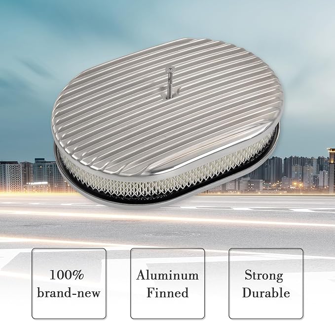 12" Air Cleaner Kit Polished Aluminum Classic Nostalgia Oval Fully Finned Compatible with Classic Chevy Ford 5-1/8” Carb Holley Edelbrock
