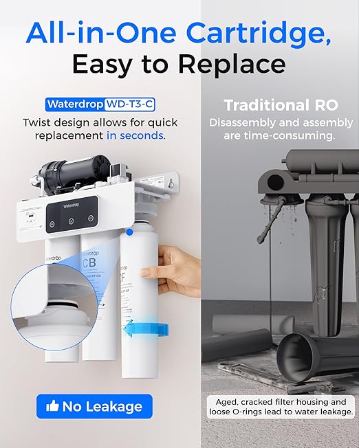 Waterdrop WD-T3-C Reverse Osmosis Water Filter, NSF/ANSI 372 Certified, 8-Stage Under Sink RO Water Filter, 450GPD Tankless Water Filtration System, 2:1 Pure to Drain, BPA Free, Plug-in Required