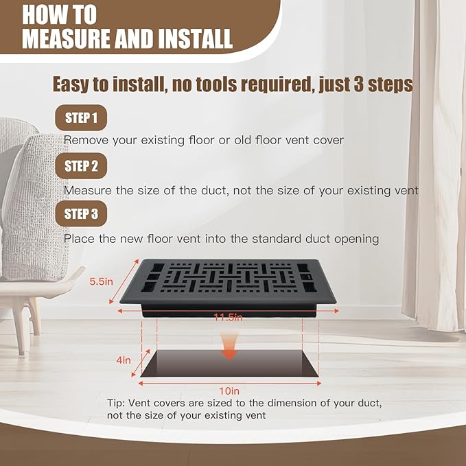 Floor Vents Heavy Duty Walkable Steel Floor Registers 4x10 Inch Floor Air Vent Easy Adjust Air Supply Lever Floor Vent Register Black Color