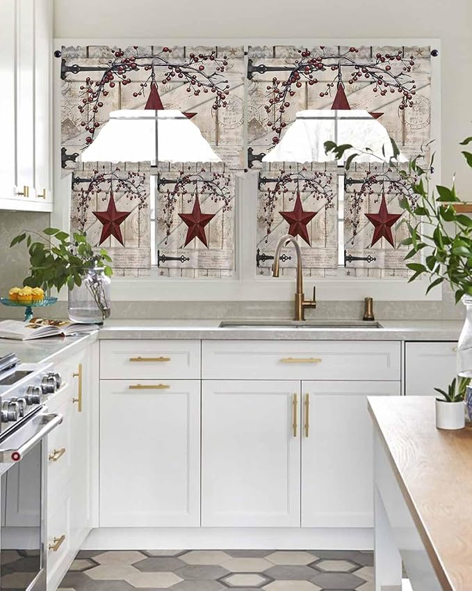 Village Stars Swag Kitchen Curtains Valance and Tier Set, Vintage Dark Red Star Berry Beige Barn Doors Light-Filtering Swag Valance 36 Inch Length, Rod Pocket Short Curtain for Bedroom Cafe