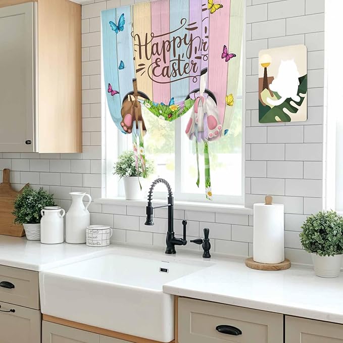 Tie Up Curtains,Happy Easter Rabbit Butt Egg on Daisy Leaf Adjustable Rod Pocket Window Shade Curtain Drape Bufferfly on Wood Barn Tie-Up Valance for Kitchen Bedroom Living Room Windows,52"x45"