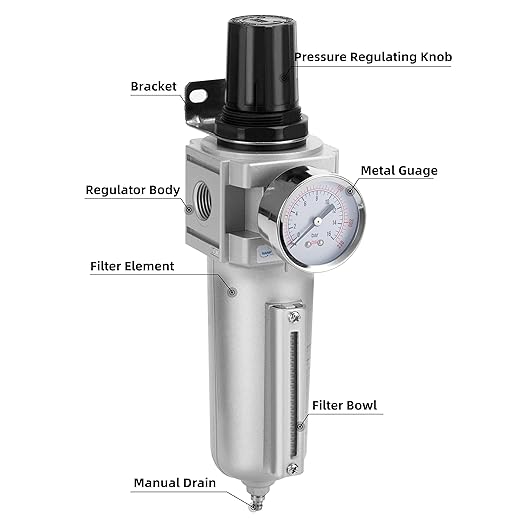NANPU Industrial Grade Heavy Duty Particulate Filter & Air Regulator, Metal Bowl, Suitable for Paint Spray (1/2" NPT, Manual Drain)