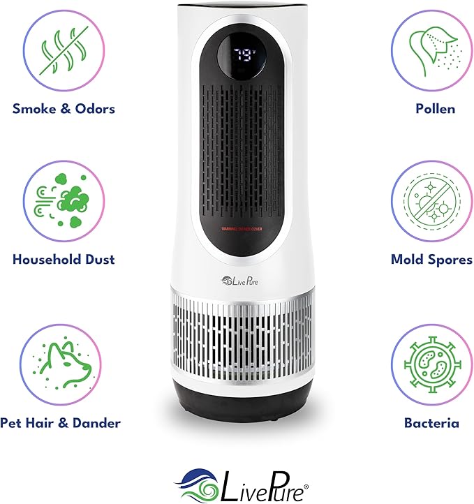 LivePure 3-in-1 LP500 Clean Heat Air Purifier & Electric Heater – Oscillating Portable Heater with 2 Heat Modes and Air Filtration – Heater for Indoor Use in Bedrooms, Home Office & Apartments, White