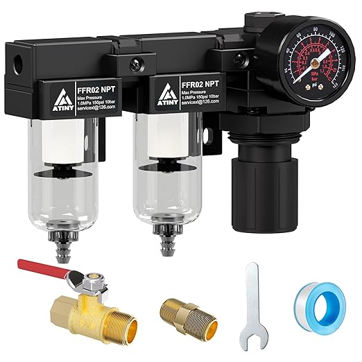 1/4" NPT Air Dryer for Compressor,Air Pressure Regulator Filter Combo,Air Compressor Filter Dryer,5 and 5 Micron Filter Cartridge,Semi-Auto Drain, Metal Bracket-Black