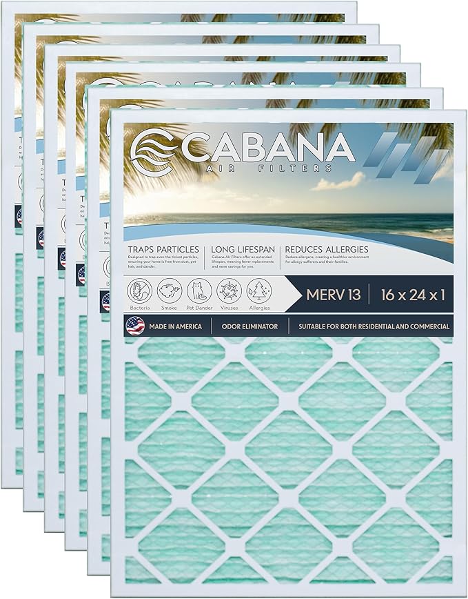 Cabana Filters 6-Pack 16x24x1 MERV 13 AC Furnace Air Filter for Home and Office - Indoor HVAC System Filtration Replacement, Captures Unwanted Particles