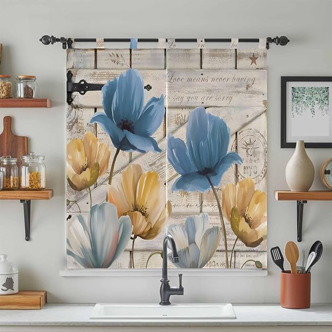 Blue Yellow Tulips Bedroom Curtains 72 Inch Length, Window Curtains Tab Top, Retro Farmhouse Flower Barn Doors Wooden Light Filtering Window Treatments Drapes 52"x72" 2 Panel