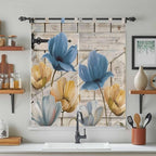 Blue Yellow Tulips Bedroom Curtains 72 Inch Length, Window Curtains Tab Top, Retro Farmhouse Flower Barn Doors Wooden Light Filtering Window Treatments Drapes 52"x72" 2 Panel
