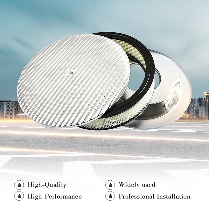 14 x 3 Inch Round Polished Air Cleaner Kit Fully Finned Top with Flat Style Base Compatible with Chevy Ford GM