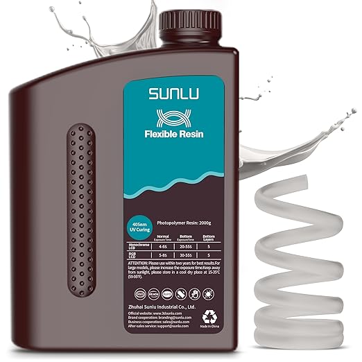 SUNLU Flexible 3D Printer Resin 2KG, 66A 3D Printing Resin for Printing Soft and Flexible Items, Bendable and Not Brittle, Fast Curing 405nm UV Photopolymer Resin. (2000G Gray)