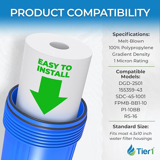 Tier1 1 Micron 10x4.5 Water Filter | Spun Wound Polypropylene Whole House Sediment Water Filter | Replacement for Pentek DGD-2501, 155359-43, SDC-45-1001 | 4.5 x 10 Water Filter Cartridge (12-Pack)
