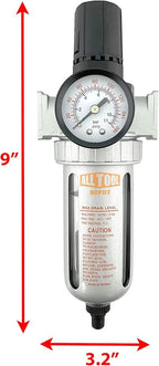 1/2" NPT Mid Flow Compressed Air In Line Filter Regulator Combo Piggyback, Poly Bowl And Metal Body, 5 Micron Element, Adjustable From 7 to 145 PSI (AUTO DRAIN)