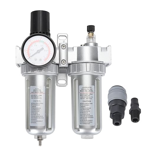 Air Filter Pressure Regulator 1/4 Inch, Compressed Air Line Filter with Dial Gauge, Aluminum Alloy and PC Oil Water Separator for Pneumatic Tools Airbrushing