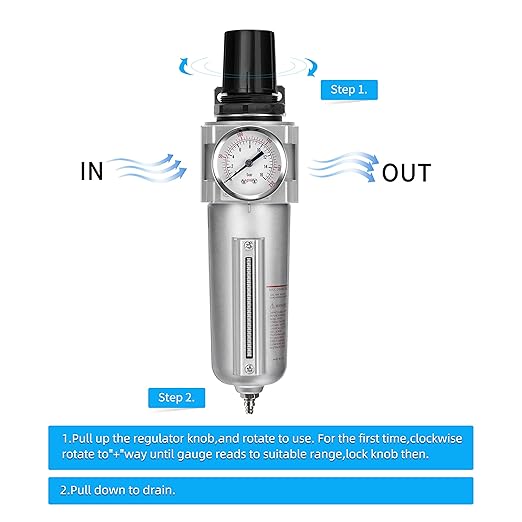 NANPU Industrial Grade Heavy Duty Particulate Filter & Air Regulator, Metal Bowl, Suitable for Paint Spray (1/2" NPT, Manual Drain)