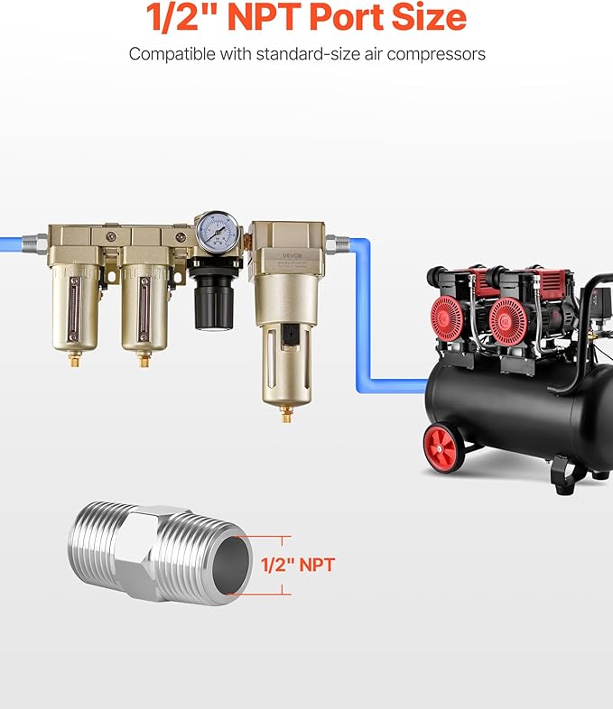 VEVOR Air Compressor Filter Regulator Combo, 1/2" NPT 3-Stage 25μm & 5μm & 0.3μm Compressed Air Drying System with Micron Filters & Oil-Water Separator, Semi-Auto Drain, 175PSI Max Working Pressure