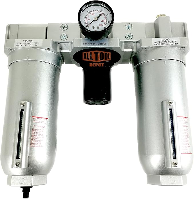 1" NPT SUPER DUTY Compressed Air In Line Filter Regulator Lubricator Oiler Combo, Metal Bowl, 5 Micron Element, Adjustable From 7 to 175 PSI (AUTO DRAIN)