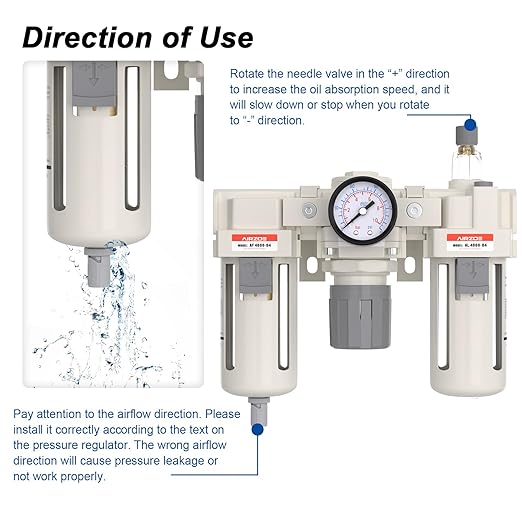 AIRZOE 1/2” NPT Air Compressor Filter, Regulator and Lubricator Combos FRL - Water Oil Trap Separator AC4000-04, 5 Micron Brass Element, Semi-Auto Drain, 0-150 psi Gauge
